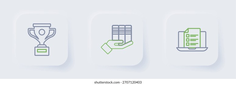 Establecer línea Prueba en línea, prueba, Encuesta, donación de libros e ícono de copa de premios. Vector