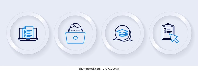 Set line Cuestionario en línea, prueba, Encuesta, burbuja de discurso de la tapa de graduación, portátil de trabajo estudiantil e ícono. Vector