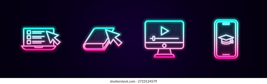 Set line Online quiz, test, survey, book, play video and Graduation cap on mobile. Glowing neon icon. Vector