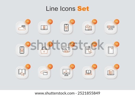 Set line Online quiz, test, survey, class, play video, Cloud or online library, book, Book,  and  icon. Vector