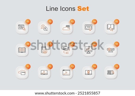 Set line Online quiz, test, survey, education with diploma, play video, Cloud or online library, Web camera,  and Graduation cap mouse icon. Vector