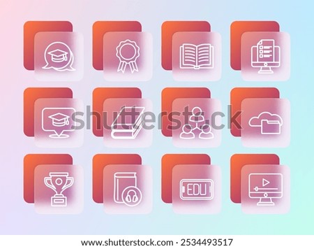 Set line Online quiz, test, survey, Audio book, class, education, Book, Open, Graduation cap speech bubble and with diploma icon. Vector