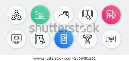 Set line Online quiz, test, survey, Exam sheet with A plus grade, Graduation cap speech bubble, Award cup, book, Cloud or online library, laptop and  icon. Vector