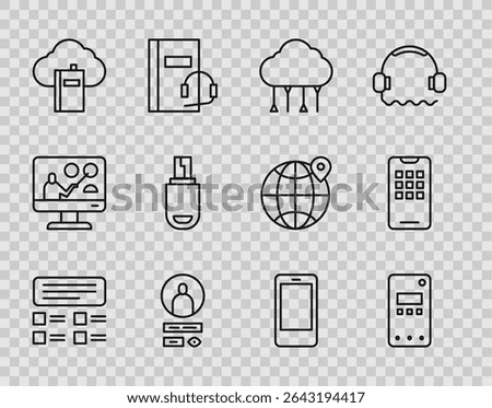 Set line Online quiz, test, survey, Mobile phone, Network cloud connection, Create account screen, Cloud online library, USB flash drive,  and  icon. Vector