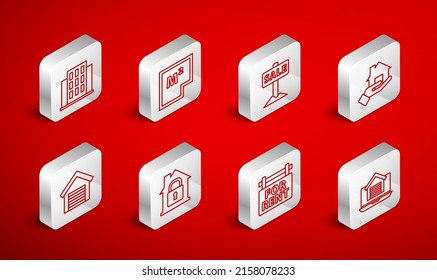 Set Line Online Real Estate House, House Plan, Hanging Sign With Sale, Realtor, For Rent, Under Protection And Garage Icon. Vector