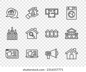 Set line Online real estate house, House, plan, Real message, Search, Megaphone and  icon. Vector