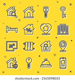 Set line Online real estate house, Location with, House, key, percant discount, Bed, Search and heart shape icon. Vector