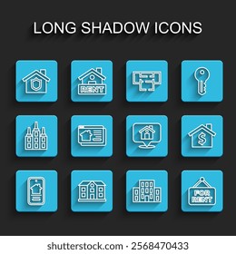 Set line Online real estate house, House, with shield, Hanging sign For Rent, dollar symbol and Location icon. Vector