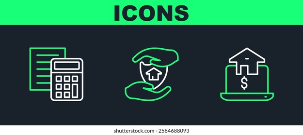 Set line Online real estate, Calculator and House with shield icon. Vector