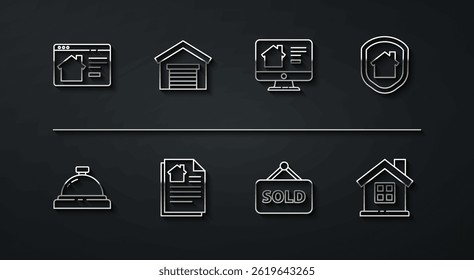 Set line Online real estate house, Hotel service bell, House under protection, Hanging sign with text Sold, contract, Garage,  and  icon. Vector