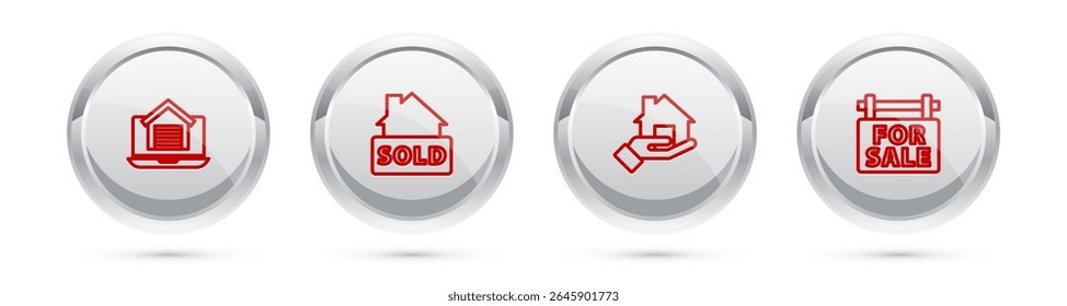 Set line Online real estate house, Hanging sign with text Sold, Realtor and For Sale. Silver circle button. Vector