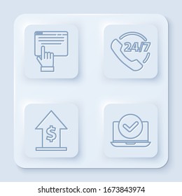 Set line Online shopping on screen, Telephone 24 hours support, Financial growth and coin and Laptop. White square button. Vector