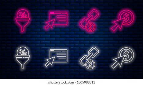 Set line Online shopping on screen, Chain link and coin, Lead management and Cursor and coin. Glowing neon icon on brick wall. Vector