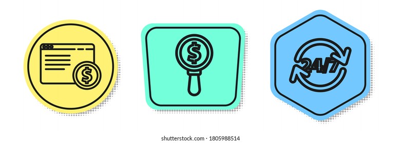 Set line Online shopping on screen, Magnifying glass and dollar and Clock 24 hours. Colored shapes. Vector