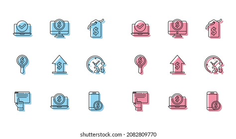 Set line Online shopping on screen, Laptop with dollar, Smartphone, Financial growth and coin, Clock 24 hours, Magnifying glass and Computer monitor icon. Vector