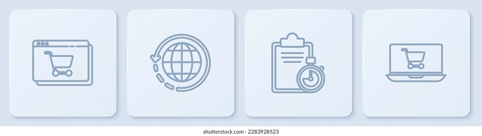 Set line Online shopping on screen, Verification of delivery list clipboard, Worldwide shipping and box and Shopping cart laptop. White square button. Vector