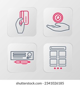 Set line Online shopping on mobile, Bank check and pen, Hand holding coin money and with credit card icon. Vector