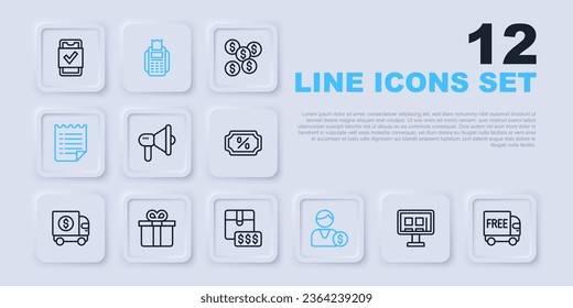 Set line Online shopping on screen, Free delivery service, Megaphone, Buyer, Wish list template, Gift box, POS terminal and Item price tag with dollar icon. Vector
