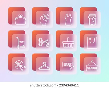 Set line Online shopping on phone, Hanger wardrobe, Shopping basket, Buy button, Scissors cuts discount coupon, Woman dress, Wallet and Discount percent tag icon. Vector