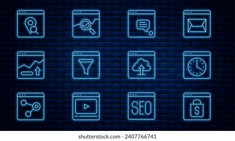 Set line Online shopping on screen, Browser window, New chat messages notification, Financial growth increase, Infographic of city map, Cloud upload and Website with stocks market icon. Vector