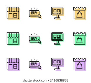 Set line Online shopping on screen, Market store, Buy button and Shopping day icon. Vector