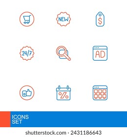 Set line Online shopping on screen, Discount percent tag, Hand like, Advertising, Clock 24 hours, Magnifying glass, Price with dollar and New icon. Vector