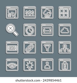 Set line Online shopping on screen, Server, Data, Cloud technology data transfer, Browser window, Magnifying glass and delete, UI or UX design and Website mail icon. Vector