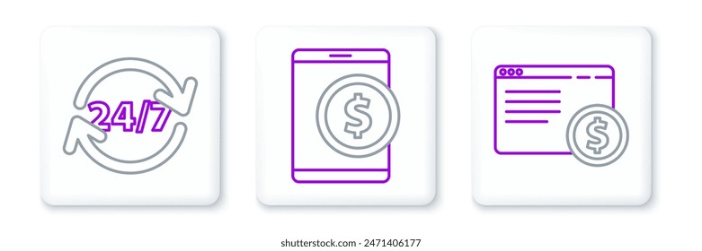 Fije la línea de compras en línea en la pantalla, reloj 24 horas y tableta con el icono del dólar. Vector