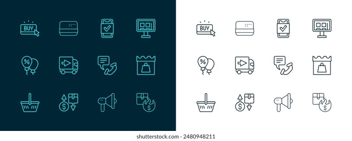 Set line Online shopping on screen, Tax cardboard box, Telephone 24 hours support, Megaphone, Delivery cargo truck, Mobile, Buy button and Credit icon. Vector