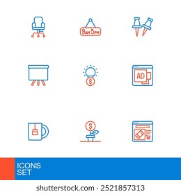Set line Online shopping on screen, Dollar plant, Cup of tea, Advertising, Chalkboard, Light bulb with dollar, Push and From 9 to 5 job icon. Vector