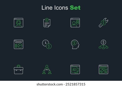 Set line Online shopping on screen, Advertising, Employee hierarchy, Briefcase, Hierarchy with dollar, Business man planning mind, Time money and Pie chart infographic icon. Vector