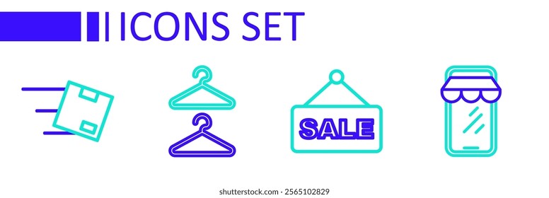 Set line Online shopping on phone, Hanging sign with text Sale, Hanger wardrobe and Location cardboard box icon. Vector