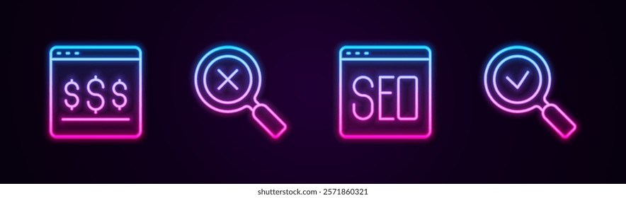 Set line Online shopping on screen, Magnifying glass and delete, SEO optimization and with check mark. Glowing neon icon. Vector