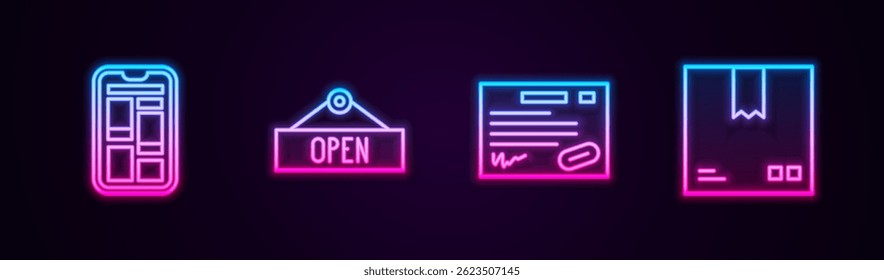 Set line Online shopping on phone, Hanging sign with Open, Warranty certificate template and Cardboard box traffic symbol. Glowing neon icon. Vector