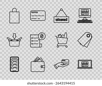 Set line Online shopping on mobile phone, Wallet stacks paper money cash, Paper bag, check and financial check, Human hand holding credit card and Blank label template price tag icon. Vector