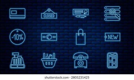 Set line Online shopping on phone, Price tag with text New, Bank check and pen, Paper money cash, Ten discount percent, Credit card, bag and Hanging sign Closed icon. Vector