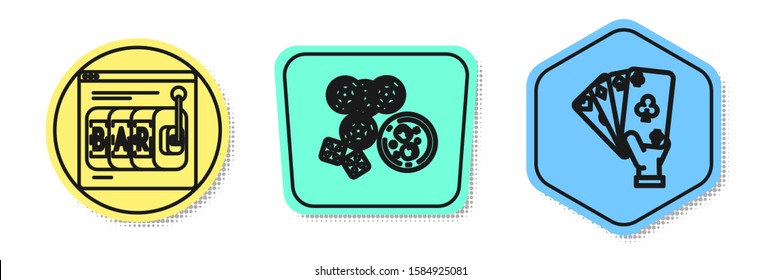 Set line Online slot machine, Casino chips, game dice and glass of whiskey with ice cubes and Hand holding playing cards. Colored shapes. Vector