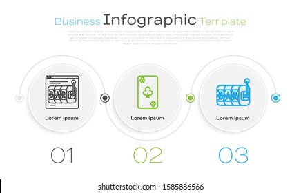 Set line Online slot machine, Playing card with clubs symbol and Slot machine. Business infographic template. Vector