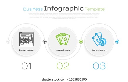 Set line Online slot machine with lucky sevens jackpot, Playing cards and Playing cards and glass of whiskey with ice cubes. Business infographic template. Vector