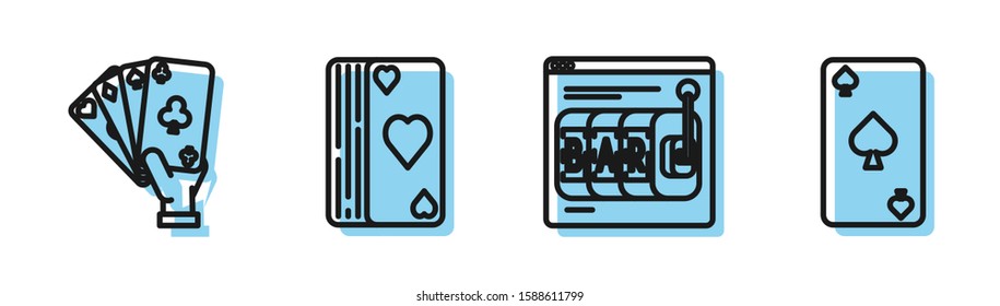 Set line Online slot machine, Hand holding playing cards, Deck of playing cards and Playing card with spades symbol icon. Vector