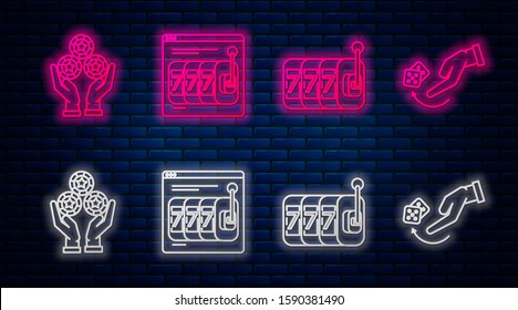 Set line Online slot machine with lucky sevens jackpot, Slot machine with lucky sevens jackpot, Hand holding casino chips and Human hand throwing game dice. Glowing neon icon on brick wall. Vector