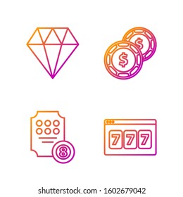 Set line Online slot machine with lucky sevens jackpot, Online slot machine, Diamond and Casino chip with dollar. Gradient color icons. Vector