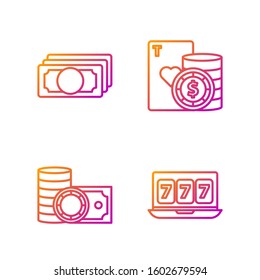 Set line Online slot machine with lucky sevens jackpot, Casino chips and stacks money cash, Stacks paper money cash and Casino chip and playing cards. Gradient color icons. Vector