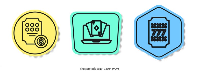 Set line Online slot machine, Online poker table game and Slot machine with lucky sevens jackpot. Colored shapes. Vector