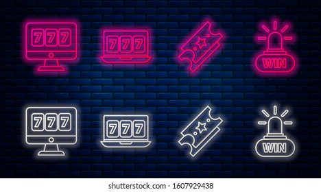 Set line Online slot machine with lucky sevens jackpot, Lottery ticket, Online slot machine with lucky sevens jackpot and Casino win. Glowing neon icon on brick wall. Vector