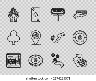 Set Line Online Slot Machine, Playing Cards And Glass Of Whiskey With Ice Cubes, Casino Signboard, Chip Dollar Symbol, Hand Holding Casino Chips, Location,  And  Icon. Vector