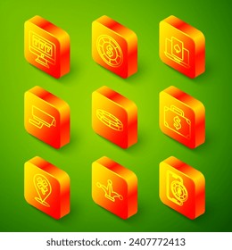 Línea Máquina tragaperras en línea con jackpot, fichas de casino, juego de mesa de póquer, cámara de seguridad, maletín y dinero, trébol y Joker icono de la tarjeta de juego. Vector