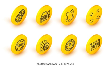 Set line Online slot machine with lucky sevens jackpot, Casino chip dollar, chips, Playing cards, Horseshoe, Slot and  icon. Vector