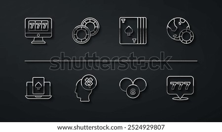 Set line Online slot machine with jackpot, poker table game, Casino chips, Lottery ball on bingo card, clover, Slot and Deck of playing cards icon. Vector