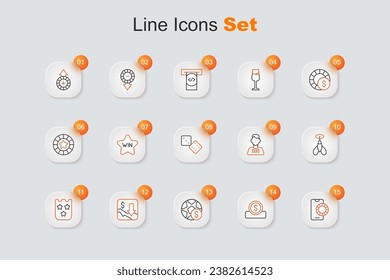 Set line Online sports betting, Coin money with dollar, Football, Financial growth decrease, Lottery ticket, Dart arrow, Casino dealer and Game dice icon. Vector